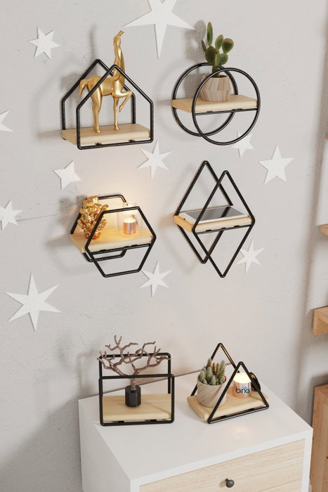 Hanah Home Set de 6 Estantes de Pared de Madera Maciza, Oro y Negro